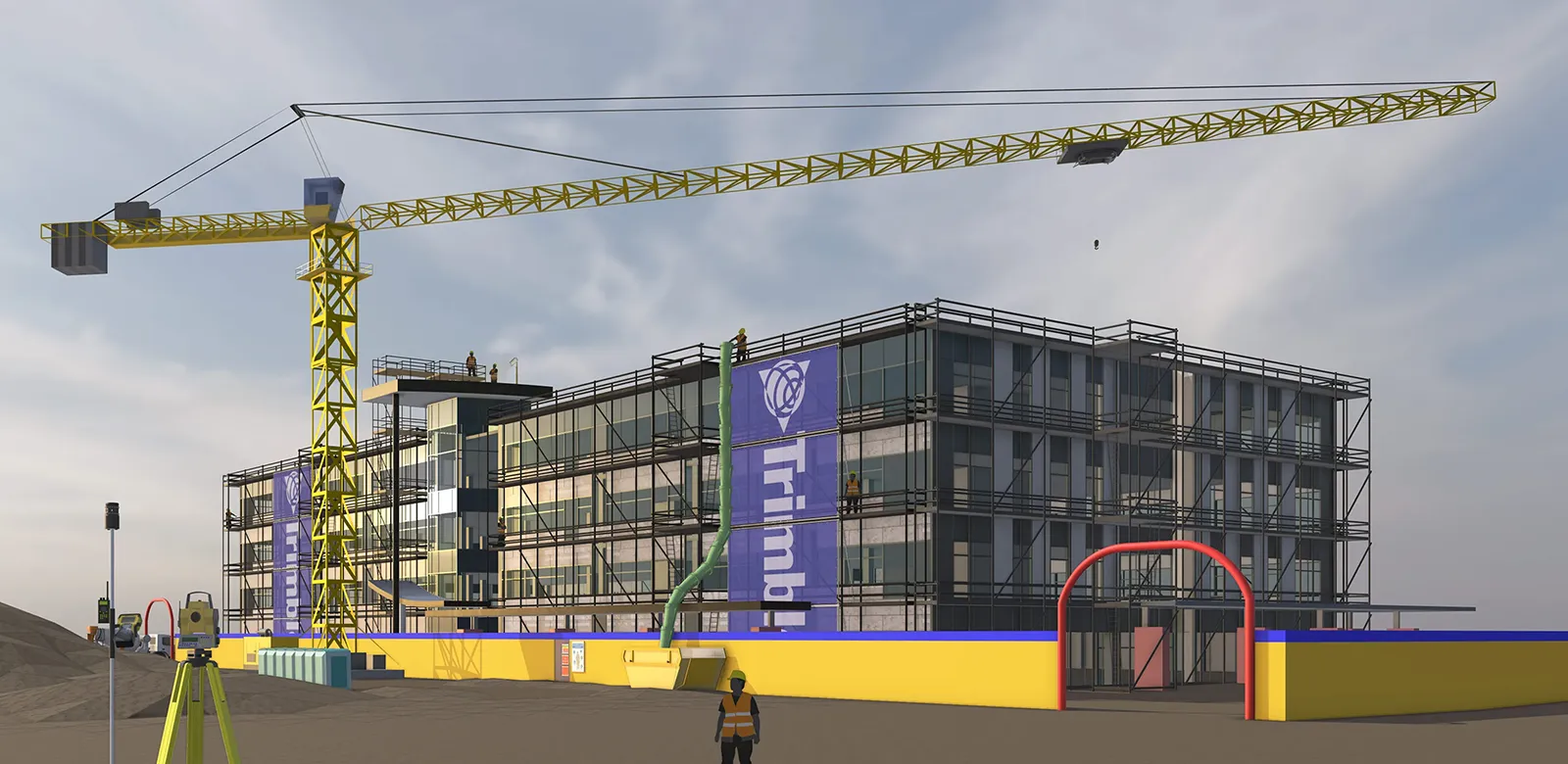 SketchUp still of an imported Revit model showing the exterior of a commercial building under construction with a large yellow crane and other construction tools in the foreground.