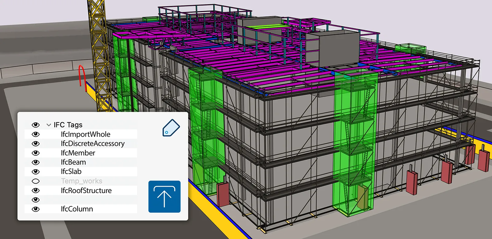An IFC file showing a building framing exterior imported into SketchUp with a screen callout showing IFC classes as SketchUp tage with an upload button.