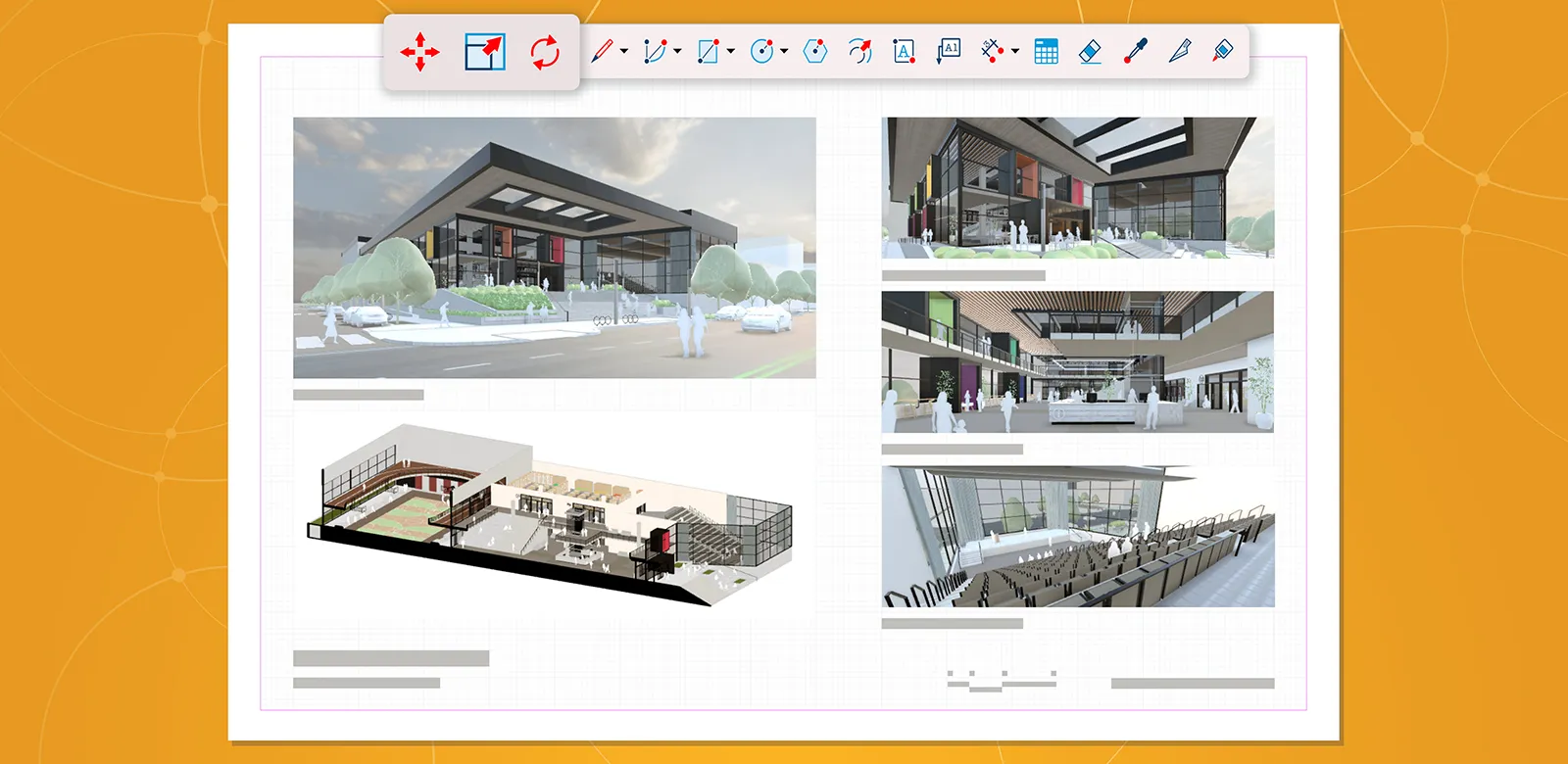 Screen capture of a LayOut sheet showing five images of the community center model with a toolbar highlight calling out Move, Scale, and Rotate tool icons.