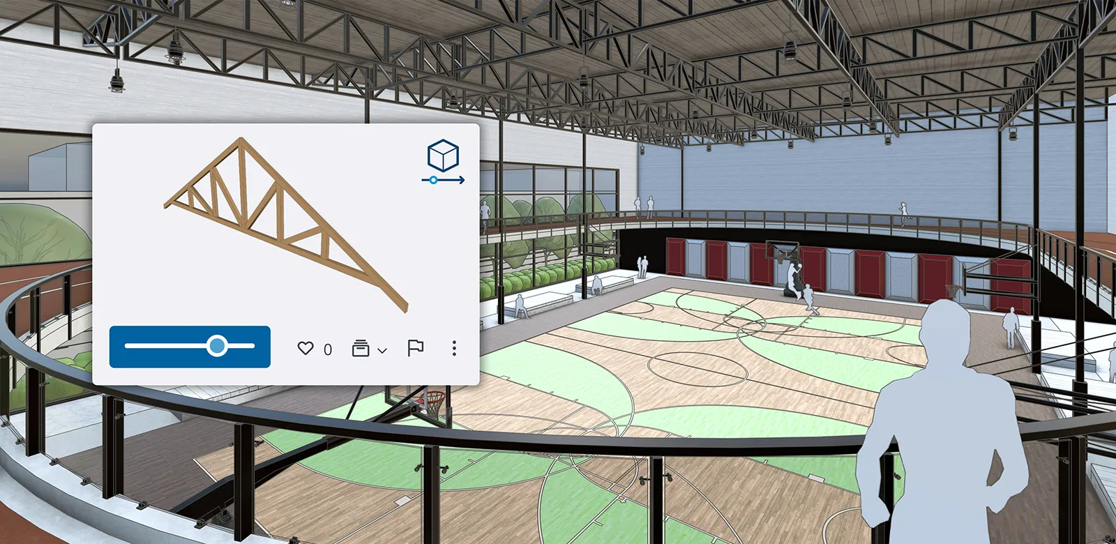 A SketchUp model showing a tan and green basketball court with an upper-level running track surrounding it with a callout window showing a possible configuration of a Live Component roof truss.