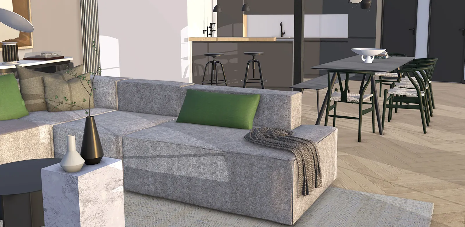 Interior lounge space modeled in SketchUp showing new realistic materiality on a couch, blanket, and stone side table with a dining table and wet bar in the background.